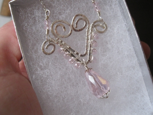 Hand-formed Wire Heart with pink glass crystals