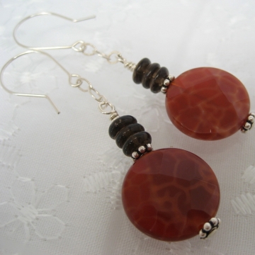 Fire Agate, Smoky Quartz and Sterling Silver ~ Hypnotic Earrings