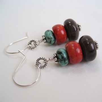 African Turquoise, Coffee Jasper, Red Sponge Coral and Sterling Silver ~ Serenata Rondelle Trio Earrings