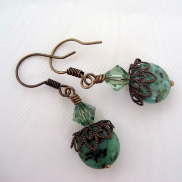 African Turquoise with Swarovski Crystals ~ Black Sea Antiqued Brass Earrings