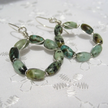 African Turquoise and Silver Hoops ~ Mysterious Earrings