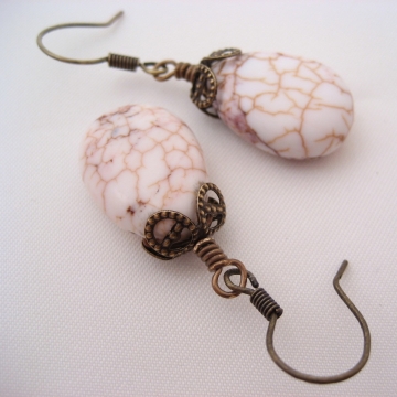 White Howlite and Antiqued Brass ~ Crackle Earrings