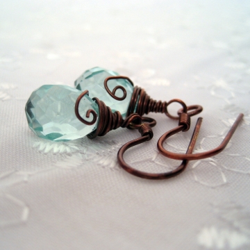 Aqua Glass Quartz and Copper ~ Tranquil Earrings