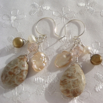 Sea Fossil (Petoskey stone), Freshwater Pearls, Keishi Pearls, Sterling Silver ~ Sea Dangles Earrings