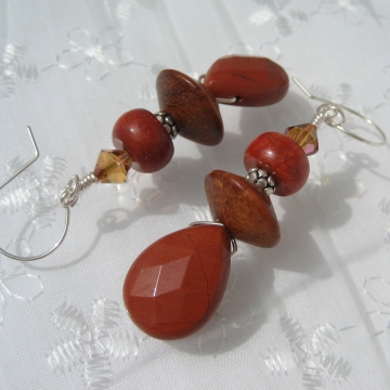 Red Jasper, Sponge Coral, Bayong Wood, Crystals and Sterling Silver ~ Cheerful Earrings