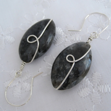 Larvikite (Black Labradorite) and Silver ~ Chatoyancy Earrings