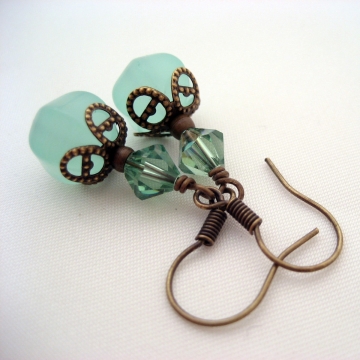 Synthetic Chalcedony, Swarovski Crystals and Antiqued Brass ~ Aqua Love Earrings