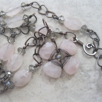 Rose Quartz and Oxidized Copper Teardrop Flower ~ Peaceful Day Necklace