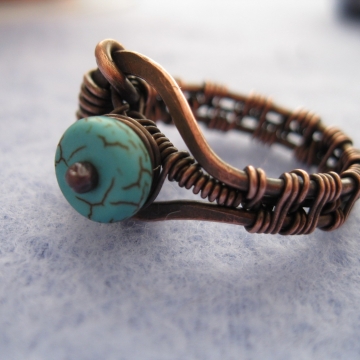 Controlled Chaos Copper Wire-Wrapped Ring with Turquoise Colored Rondelle