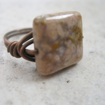 Oregon Snakeskin Agate Square Bead Ring Antiqued Copper Size 6.5