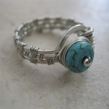 Controlled Chaos Silver Zebra Wire Wire-Wrapped Ring with Turquoise Colored Rondelle