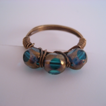 Czech Glass Dark Aqua and Antiqued Brass Triple Bead Ring