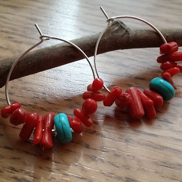 Red Coral and Turquoise Howlite Hoop Earrings