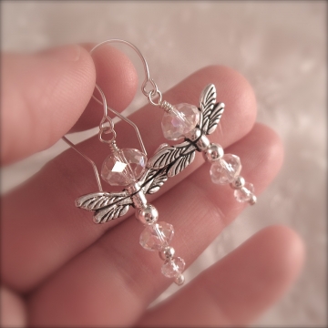 Crystal and Silver Angel Dragonfly Beaded Earrings