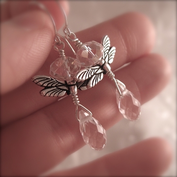 Crystal and Silver Angel Dragonfly Teardrop Earrings