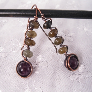 Labradorite and Amethyst Copper Wire-Wrapped Earrings - Stacks