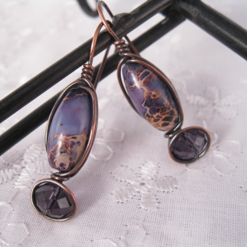 Purple Aqua Terra Jasper and Copper Wire-Wrapped Earrings ~ Purple Paradise
