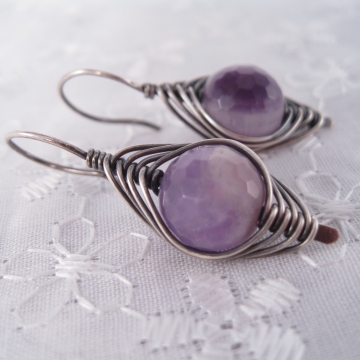 Amethyst and Silver-Filled Wire-Weaved Earrings