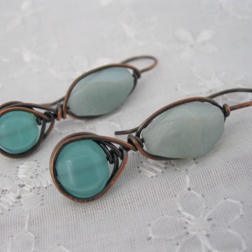 Amazonite and Chalcedony Copper Wire-Wrapped Earrings ~ Blue Dreams
