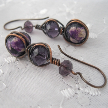Mosaic Magnesite, Glass Crystals, and Pure Copper Earrings ~ Purple Bliss